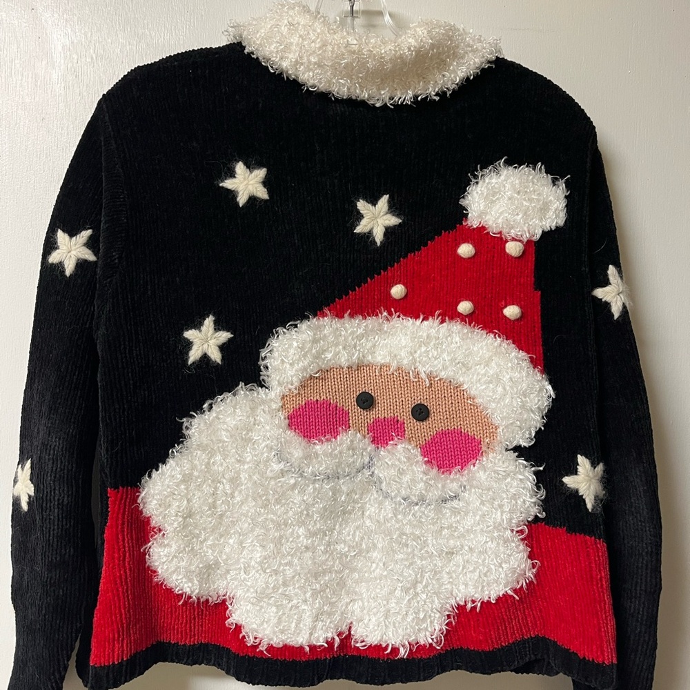BellePointe Christmas Fuzzy Cardigan with Santa Face on Back - Picture 5 of 10
